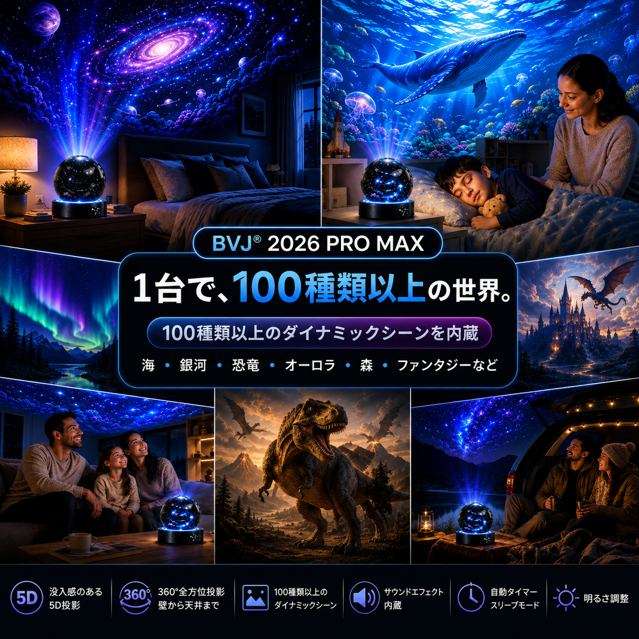 BVJ® 2026 PRO MAX 5Dスマート・ワールド・プロジェクター 🌎 Bluetooth操作と効果音で、100種類以上の没入型世界を創り出そう