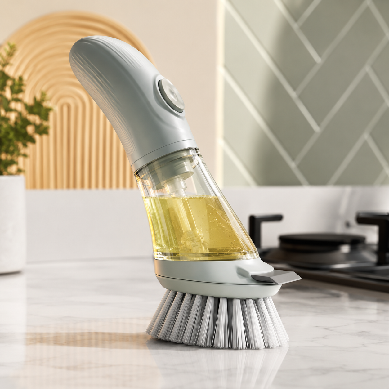 2-in-1 Soap Dispensing Dish Brush – Refillable Push-Button Scrubber with Built-In Detergent Reservoir, Dense Bristles & Scraper Edge for Pots, Pans, Dishes & Kitchen Cleaning