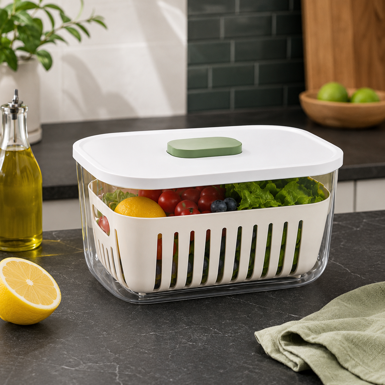 FreshGuard Produce Keeper – Ventilated Fridge Storage Container with Removable Drain Basket, Sealed Lid & Freshness-Control Button for Fruits, Vegetables and Meal Prep
