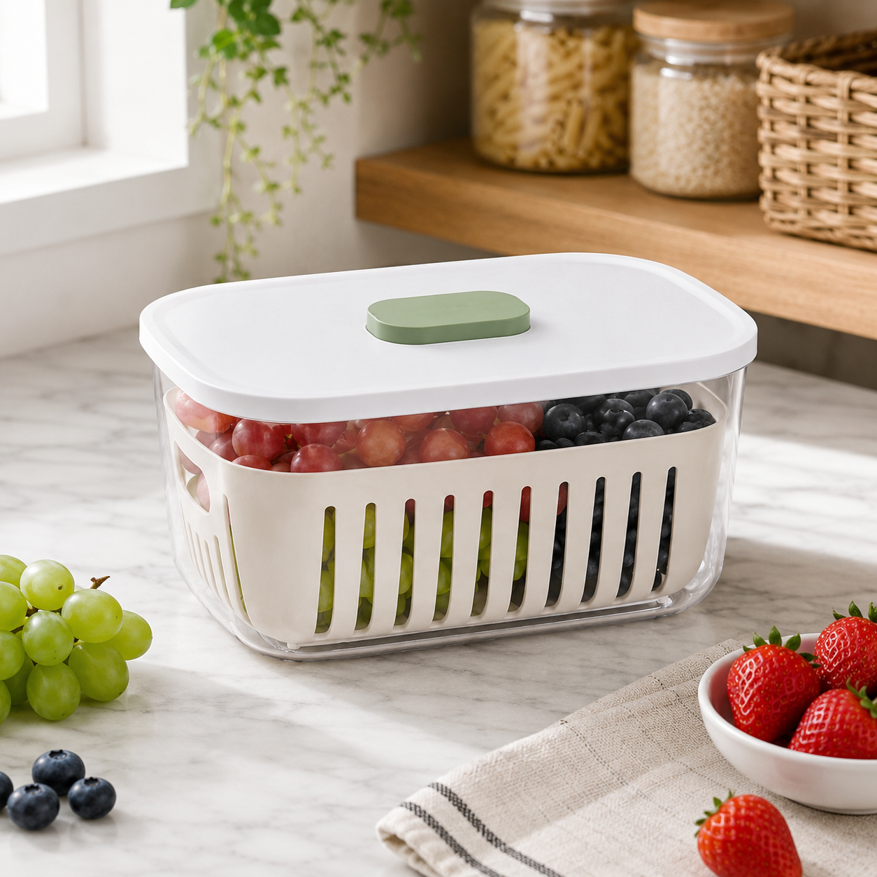 FreshGuard Produce Keeper – Ventilated Fridge Storage Container with Removable Drain Basket, Sealed Lid & Freshness-Control Button for Fruits, Vegetables and Meal Prep