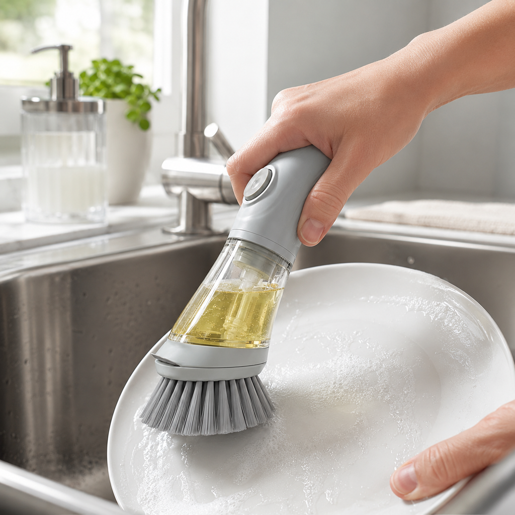 2-in-1 Soap Dispensing Dish Brush – Refillable Push-Button Scrubber with Built-In Detergent Reservoir, Dense Bristles & Scraper Edge for Pots, Pans, Dishes & Kitchen Cleaning