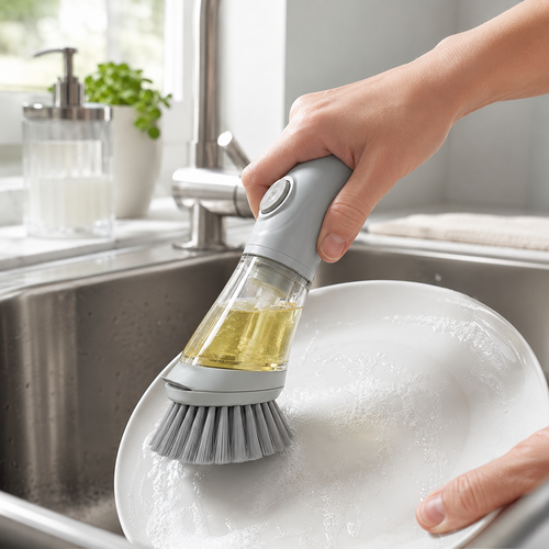 2-in-1 Soap Dispensing Dish Brush – Refillable Push-Button Scrubber with Built-In Detergent Reservoir, Dense Bristles & Scraper Edge for Pots, Pans, Dishes & Kitchen Cleaning