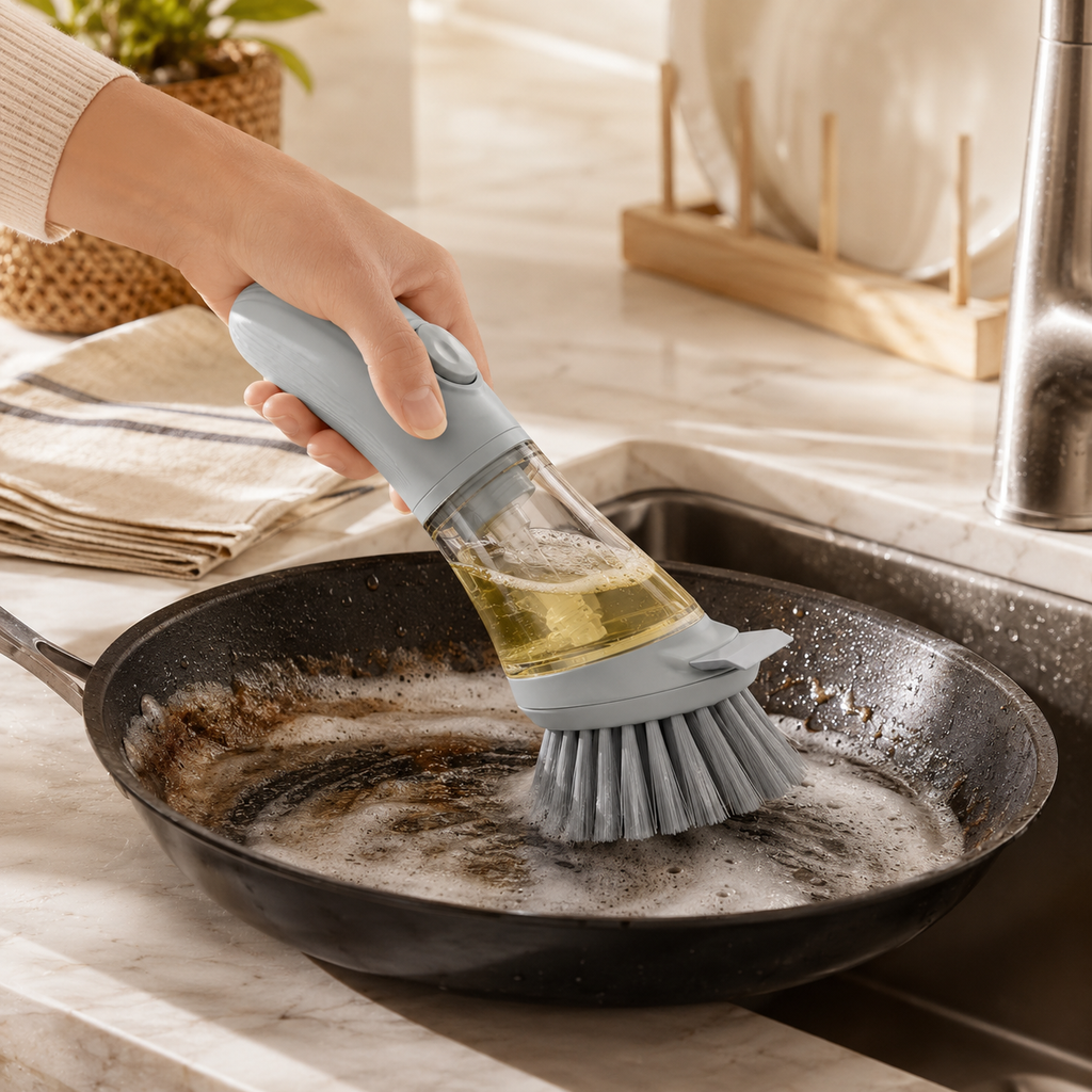 2-in-1 Soap Dispensing Dish Brush – Refillable Push-Button Scrubber with Built-In Detergent Reservoir, Dense Bristles & Scraper Edge for Pots, Pans, Dishes & Kitchen Cleaning