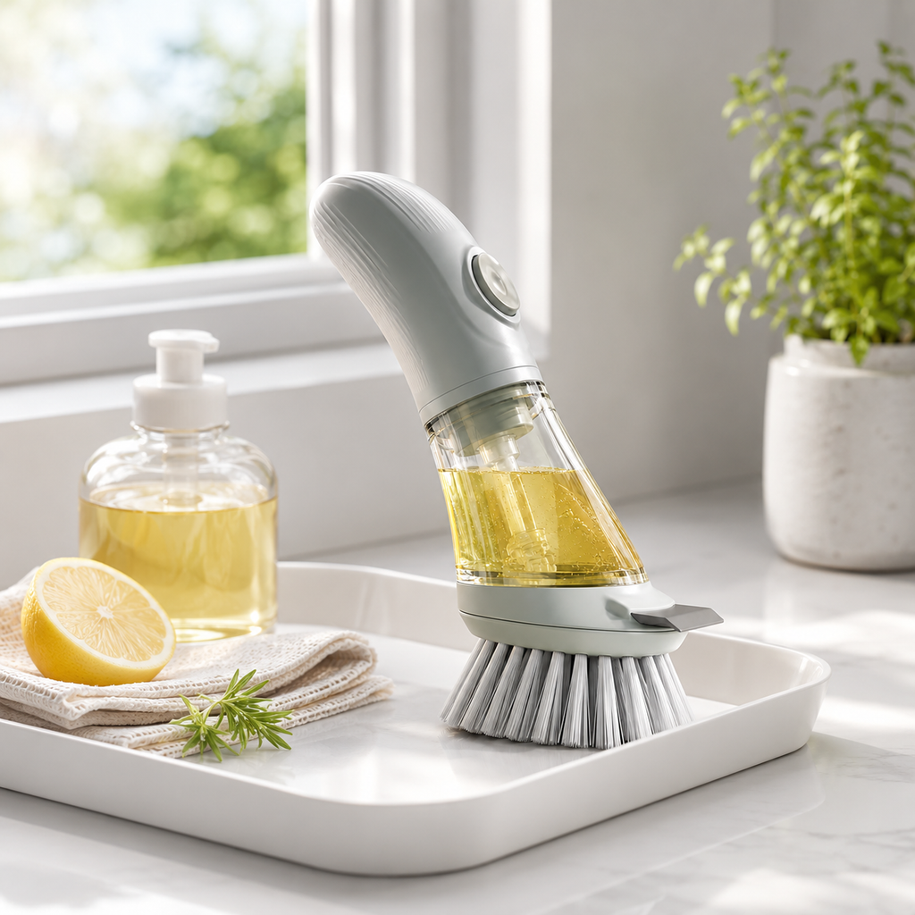 2-in-1 Soap Dispensing Dish Brush – Refillable Push-Button Scrubber with Built-In Detergent Reservoir, Dense Bristles & Scraper Edge for Pots, Pans, Dishes & Kitchen Cleaning