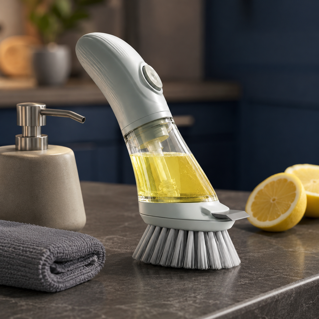 2-in-1 Soap Dispensing Dish Brush – Refillable Push-Button Scrubber with Built-In Detergent Reservoir, Dense Bristles & Scraper Edge for Pots, Pans, Dishes & Kitchen Cleaning