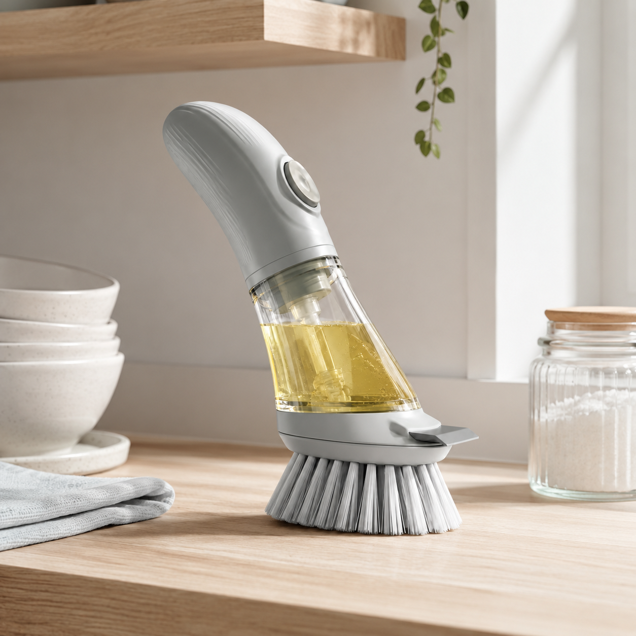 2-in-1 Soap Dispensing Dish Brush – Refillable Push-Button Scrubber with Built-In Detergent Reservoir, Dense Bristles & Scraper Edge for Pots, Pans, Dishes & Kitchen Cleaning