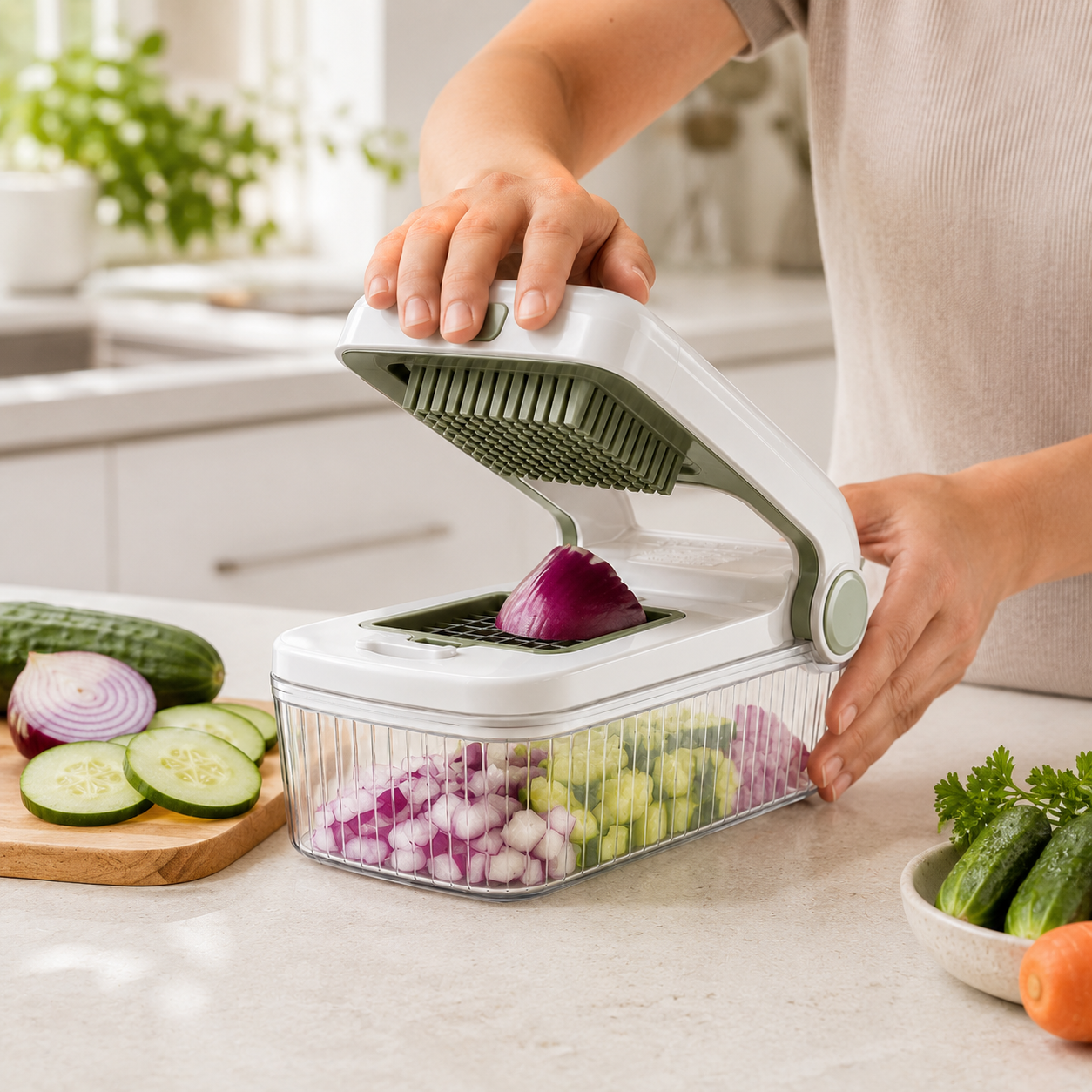 Vegetable Chopper with Container & Interchangeable Blades for Kitchen Prep