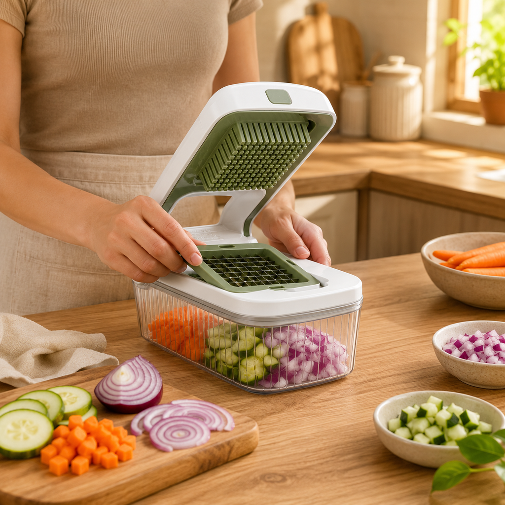 Vegetable Chopper with Container & Interchangeable Blades for Kitchen Prep