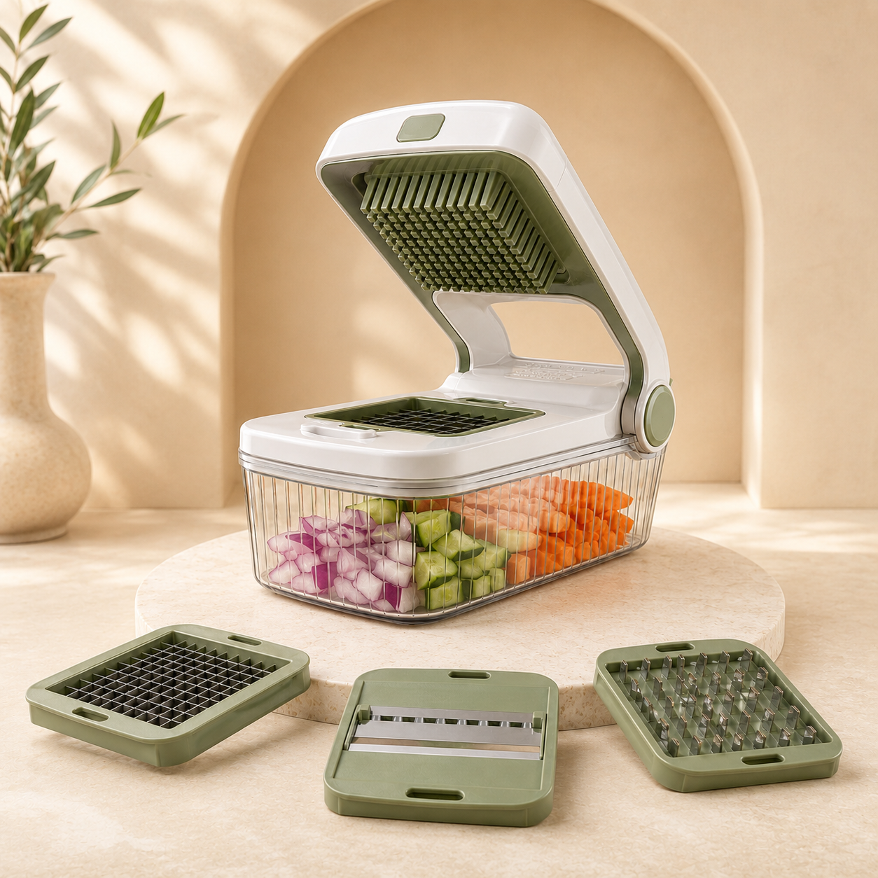 Vegetable Chopper with Container & Interchangeable Blades for Kitchen Prep