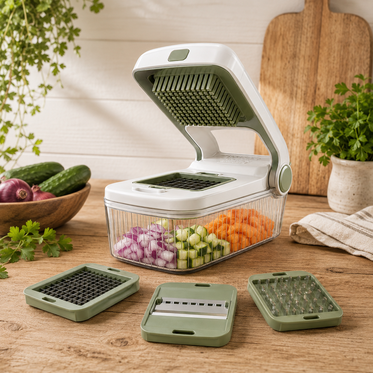 Vegetable Chopper with Container & Interchangeable Blades for Kitchen Prep