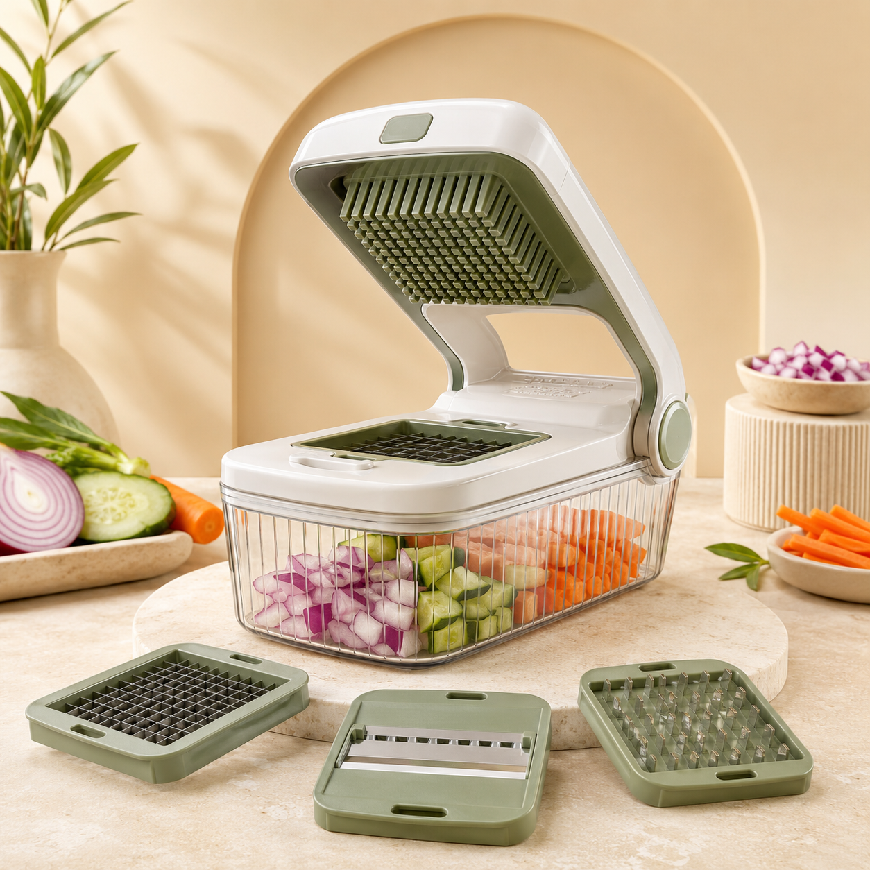 Vegetable Chopper with Container & Interchangeable Blades for Kitchen Prep